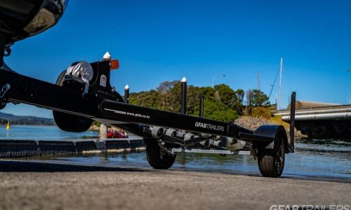 GFAB Alloy Single Black Jet Ski Trailer - front view with spare wheel