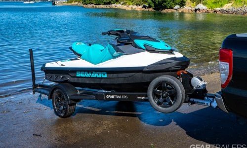GFAB Alloy Single Black Jet Ski Trailer - side view with Sea Doo GTI