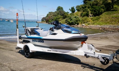 GFAB Alloy White Single Jet Ski Trailer - side view with Sea Doo Fish Pro
