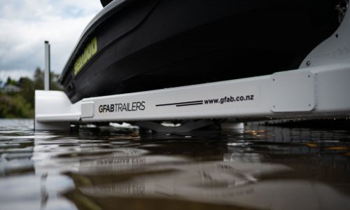 GFAB Alloy White Single Jet Ski Trailer - side view with Sea Doo GTR